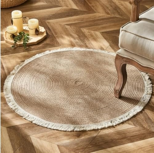 INKAROBOX Handgewebter runder Teppich, Reine Baumwolle, Bauernhaus-Teppiche mit Quasten im Retro-Look, runde Teppiche für Schlafzimmer, Wohnzimmer, Tisch, Büro (Beige, 100 cm Rund)