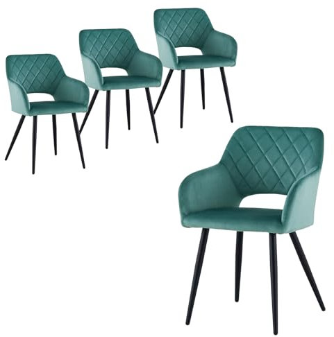 CLIPOP Esszimmerstühle, 4er Set, Polsterstühle mit Armlehnen, Metallbeine, Samtbezug, Samt Türkis, bis 150 kg belastbar, für Arbeitszimmer, Wohnzimmer, Schlafzimmer (4er, Samt Türkis)