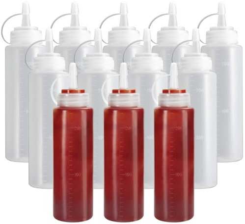 OAMCEG 12 Pack Ketchup Squeeze Bottles 8 OZ Plastic Condiment Squeeze Squirt Bottles and Caps with Discrete Measurements, for Ketchup, BBQ, Sauces, Syrup, Condiments, Dressings, Paint - BPA Free