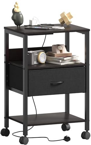 Lutown-Teen Table de Chevet avec Ports USB et Prises de Courant, Tiroir en Tissu et Compartiment Ouverts, Table de Nuit à roulettes, pour Salon, Chambre à Coucher, Noir