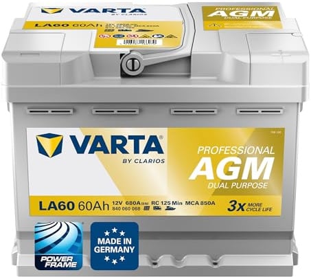 VARTA Professional Dual Purpose AGM (LA60) 12V 60Ah 680A - Nassbatterie für Wohnmobile, Wohnwagen & Boote - Resistente Starter- & Versorgerbatterie hoher Energiebedarf - Bleisäurebatterie wartungsfrei