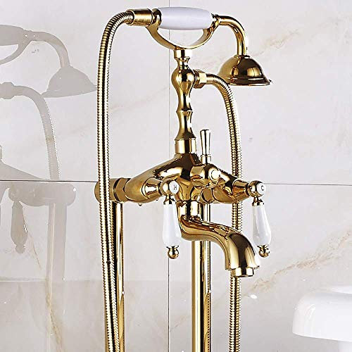 CAFIEDR Badewannenarmatur aus Messing, Doppelgriff, Bodenmontage, Wannenmischbatterie, freistehend, freistehende Badewanne mit Füßen, Waschbeckenarmatur, schwenkbarer Auslauf, 150 cm Brauseschlauch