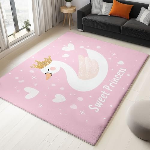 Teppich Dekoration 60 cm x 90 cm Niedlicher Cartoon-Schwan Rutschfester und Waschbarer Flanell Teppich Rosa für Schlafzimmer Kinderzimmer Wohnzimmer Moderner Balkon Esszimmer
