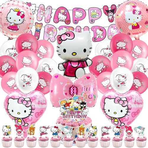 Huangzd 35 Stück Hello Kity Geburtstagsdeko Mädchen, Hello Kity Luftballons Geburtstag Set, Kindergeburtstag Folienballon, Geburtstag Party Deko Ballons Set für Kinder (A)