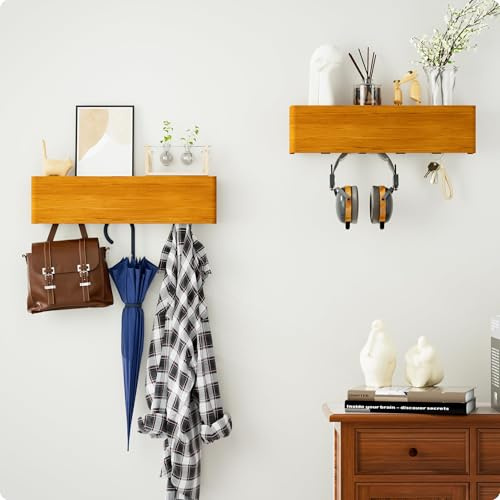 DUKZURA Wandgarderobe mit Ablage - Kleiderhaken mit Regal 2 Stück mit 4 Verdeckten Haken aus Massivholz - Platzsparendes Garderobenpaneel mit Schlüsselbrett für Flur, Schlafzimmer, Wohnzimmer, Eiche