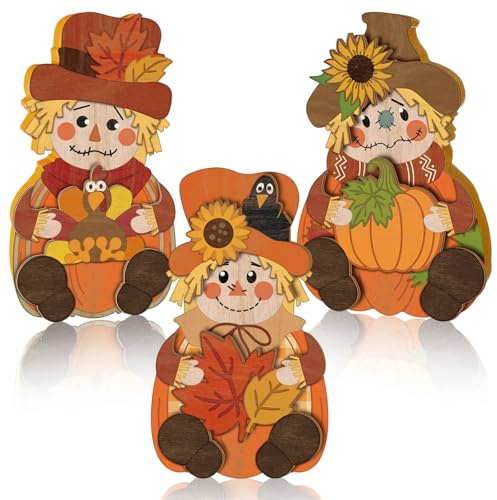 Ferraycle 3 Pcs Fall Scarecrow Decor Farmhouse Wooden Table Block Sign | Rustic Tiered Tray Decorations, Vintage Standing Tabletop Sign, Farmhouse Thanksgiving Fall Harvest Autumn Home Kitchen Decor