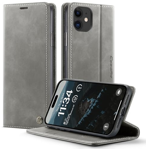 owlhold iPhone 11 hülle klapphülle Premium PU Leder, RFID Schutzhülle, Faltbare Ständer, Handytasche Lederhülle Kartenfach Standfunktion Handyhülle für iPhone 11 - Grau