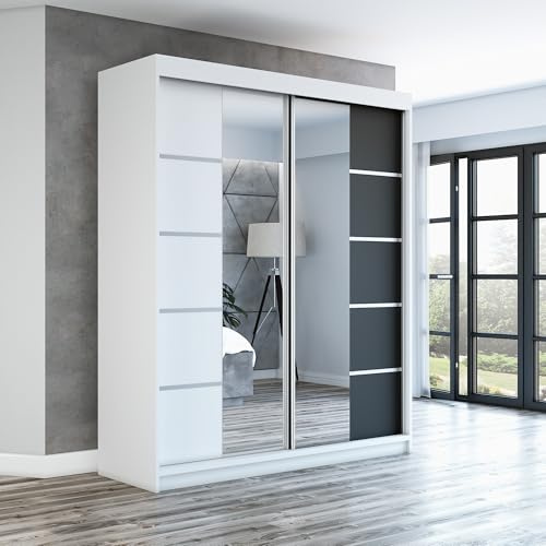 A&J MöbelLand Schwebetürenschrank ERA Kleiderschrank 2-türig mit Spiegel, Garderobe 180 cm (Weiß/Weiß/Schwarz)