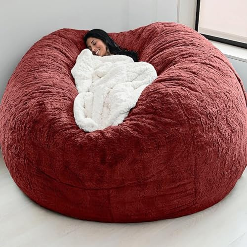 Riesiger Kunstfell-Pouf für Erwachsene, weicher und plüschiger Sitzsack, Stuhlbezug, 1,8 m, Weinrot, bequeme Sitzgelegenheit für Wohnzimmer oder Schlafzimmer