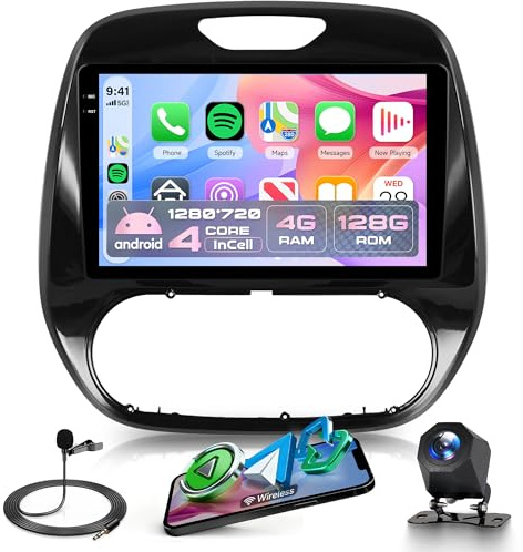 4G+128G Android Radio Coche para Renault Captur Clio 2011-2018 Inalámbricos Carplay Android Auto 9 Pollici Incell Touchscreen Radio GPS Navi WiFi Mirror Link Bluetooth FM/RDS EQ/SWC/USB Cámara Trasera