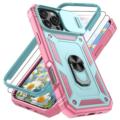 Pilaru 3 in 1 for iPhone 16 Pro Case Pink with Front Frame |2 Separate Screen Protector| Kickstand Ring & Camera Cover Military Grade Drop Shockproof Protection for iPhone 16 Pro,Green/Pink