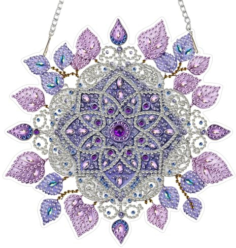 AIRDEA Lila Mandala Diamond Painting Fensterbilder, 5D Brillante Mandala Blätter Diamond Painting Fensterbilder Beidseitig, Bausätze für Diamantmalerei Suncatcher Erwachsene