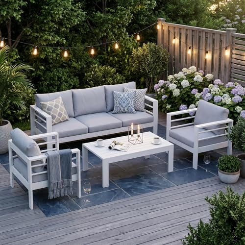 Atenza Gartenmöbel Set 4-teilig, Aluminium Gartenlounge mit Breiten Sitzen | 3-Sitzer-Sofa, 2 Sessel & WPC-Couchtisch, 12 cm Sitz- und 15 cm Rückenkissen, für Terrasse, Balkon, Garten & Wintergarten