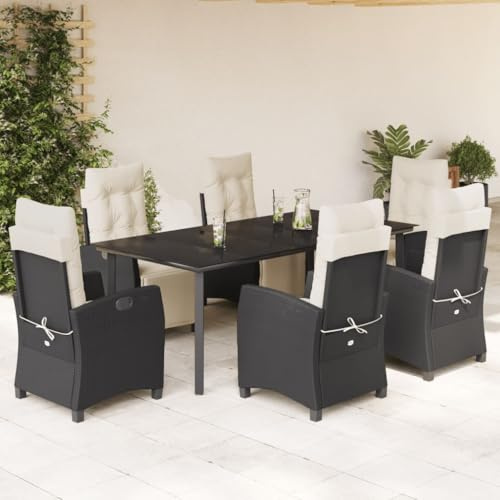 Tonture 7-TLG. Garten-Essgruppe Schwarz Poly Rattan, verstellbare Stühle, Glastisch 200x100cm, Cremeweiße Kissen, UV-beständig, für Terrasse, Balkon, Essbereich Außen