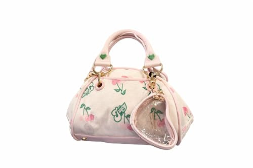 Juicy Couture Retro-Umhängetasche, cremefarben mit rosa Kirsch-Druck, 30,5 cm B x 20,3 cm H x 12,7 cm T, goldfarbene Kettendetails, inklusive passender Tasche