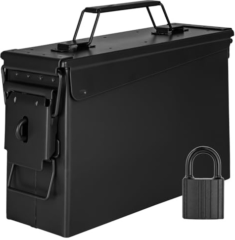 Trucky Munitionsbox mit Schloss 28x10x18 cm Ammo Box Metallkiste Metallbox Munitionskiste Aufbewahrungsbox mit Deckel Army Schwarz Metall