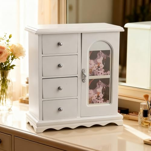 Bonnlo Jewellery Box for Women White with Mirror, 4 Drawer Jewellery Organiser & Necklace Stand, Photo Frame Door Ring Box for Bedroom Vanity Storage, White