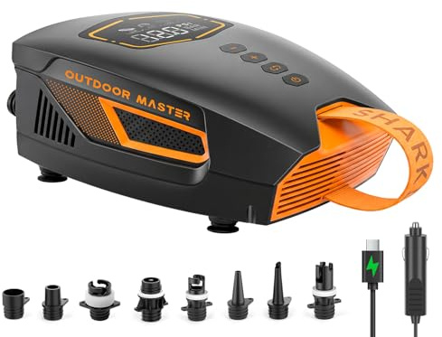 OutdoorMaster Shark 3 Mini 74Wh Portable Paddle Board Pump Electric | 5'30 Fast Inflation, Rechargeable SUP Air Pump, Auto-Off & Deflation, 20PSI 12V/15.8V DC Input, 8 Nozzles for Inflatables