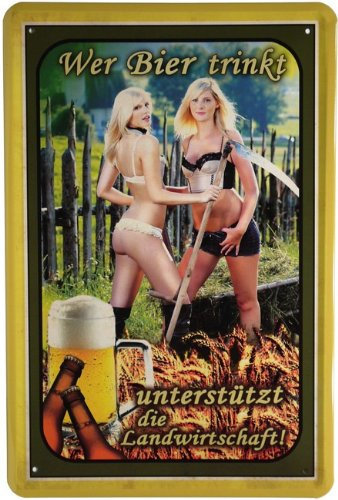 WOGEKA ART Retro Blechschild - Wer Bier trinkt unterstützt die Landwirtschaft - witziger Spruch als Geschenk-Idee Geburtstag Weihnachten Deko 20x30 cm Vintage-Design Metall 763
