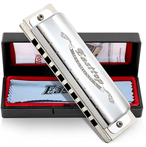 East Top Mundharmonika, 10 Holes Key von G Professional Diatonic Blues Mundharmonika T008, Silber Mundharmonika Für Erwachsene, Profispieler und Studenten