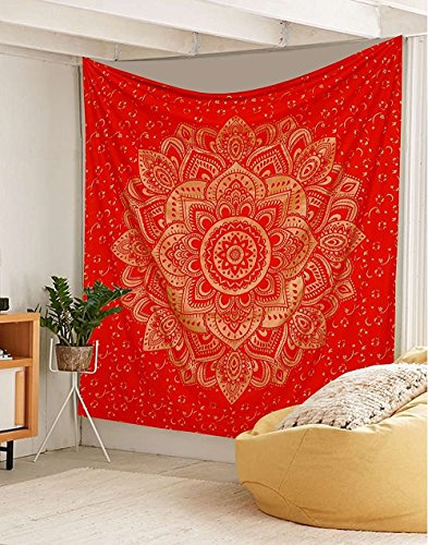 Traditional Jaipur Groß Golden Ombre Wandteppich, Lotus Mandala Wandbehang, indische Baumwolle Tagesdecke Queen, Hippie Picknick thow, Boho Schlafsaal, Zimmerdekoration Gypsy Beach Decke