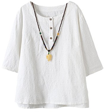 Vogstyle Women's New Cotton Linen Tunic Tee Shirt Jacquard Tops White XXL