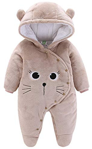 JiAmy Salopette per Neonato Romper Invernale in Flanella Playsuit con Piedini Felpa con Cappuccio Cartoon,Cachi 3-6 Mesi
