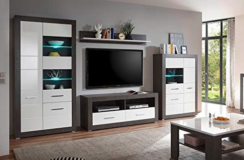 Newfurn Wohnwand Anbauwand Modern Wohnzimmerschrank Wohnlandschaft Mediawand Fernsehschrank II 350x198x 34-45 cm (BxHxT) II [Justus.one Compact] in Beton dunkel/Weiß Hochglanz Wohnzimmer