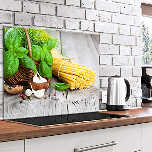 murando Glass Splashback for Kitchen Backsplash Cooker Protector Tempered Glass Decorative Wall Art Panel Heat Resistant Graphic 80x60 cm / 32x24 Pasta Basil Garlic Wood j-B-0056-aq-e