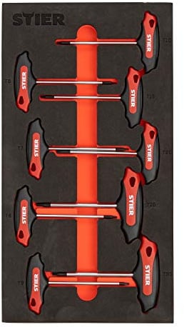 STIER T-Griff-Schraubendreher-Satz Torx | TX15 - TX45 mm 6-teilig in Weichschaumeinlage (EVA), Torx Schraubendreher Set, Innensechskant t-Griff