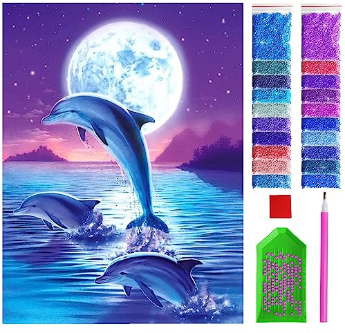 ARTULIO Diamond Painting - Dauphins sur fond de pleine lune magique - 30x40 cm – 5D Peinture Diamant Painting, Tableau Diamant