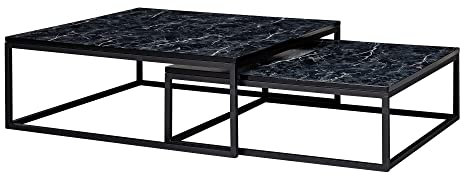 möbelando Design Couchtisch 2er Set Schwarz Marmor Optik Eckig | Couchtische 2-teilig Tischgestell Metall | Edle Wohnzimmertische | Moderne Satztische