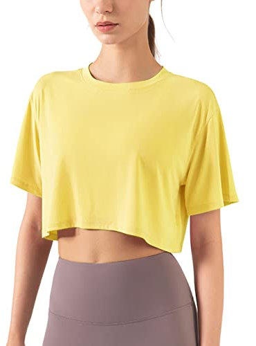 Damen Fitness Trainieren Crop-Tops Kurzarm Yoga T-Shirts Sportlich Betrieb Sport-Shirts Hellgelb M
