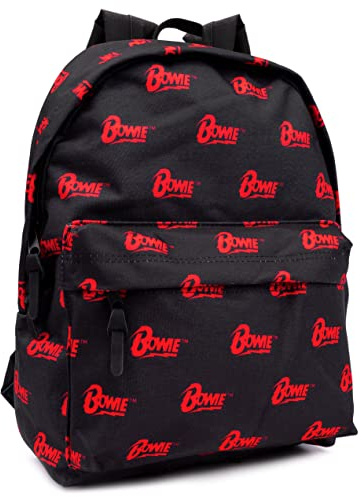 BOWIE David Backpack For Adults & Teens | Music Band Festival School Rucksack 16” | Black Red Logo OAP Bag With Adjustable Straps One Size