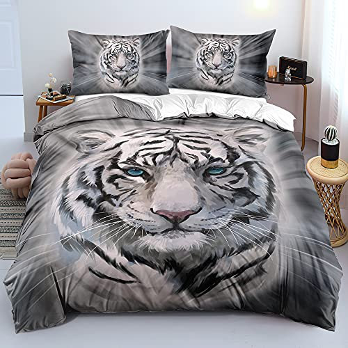DXHOME Tiger Bettwäsche 135x200 3D Effekt Tiermotiv Bettwäsche 2 teilig Weich Komfort Weiß Grau Mikrofaser Wendebettwäsche für Jugendliche Kinder Einzelbett mit Reißverschluss und Kissenbezug 80x80 cm