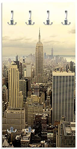 ARTLAND Wandgarderobe Garderobenpaneel Holz mit 6 Haken 60x120 cm Design Garderobe mit Motiv Skyline Manhattan Empire State Building New York City USA Sepia T1TO