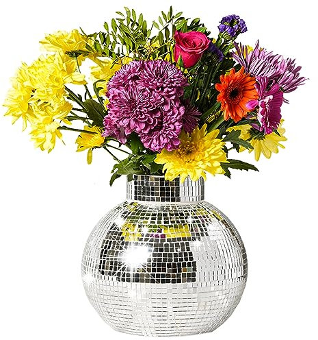 Disco Ball Planter | 7” Disco Ball Vase for Flowers & Plants | Handmade Silver Square Small Mirrors Center Piece | Disco Ball Plant Holder Silver