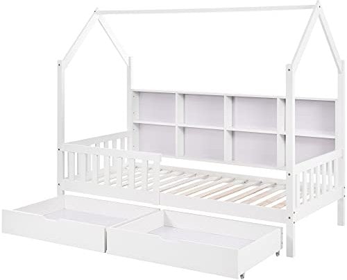 Hausbett Kinderbett Jugendbett 200X90,Mit Mehrzweck-BüCherregal-Speichergitter,Mit Fallschutz,Jungen Und MäDchen Weiß Schubladen Massivholz Kinderbett Mit Lattenrost Weiß