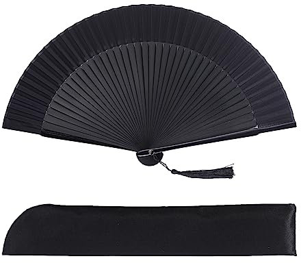 SUMERSHA Small Hand Held Fan Bamboo Silk Folding Handheld Fan with Tassel 8.27 inch Vintage Black Fan for Women Girls Dance Performance Party Home Decoration Gift