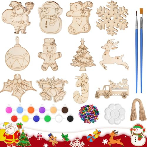 Kiaitre Basteln Weihnachten, 60 Stück Christbaumschmuck Set,12 Stile Weihnachtsbasteln Set mit Farben Glöckchen und Schnur, DIY Weihnachtsdeko Deko Holzanhänger Weihnachten zum Bemalen