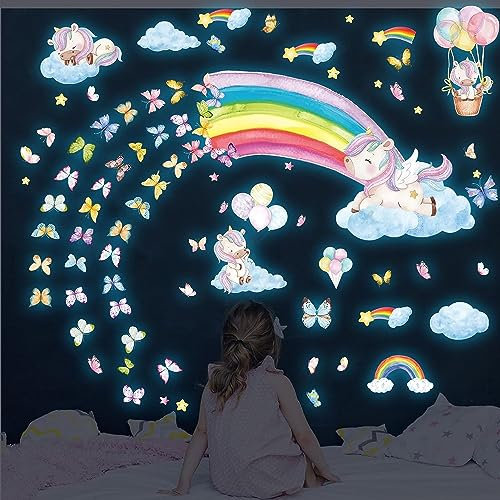Einhorn Wandtattoo Kinderzimmer Leuchtsterne, Leuchtender Wandaufkleber Mädchenzimmer Regenbogen Leuchtsticker, Leuchtaufkleber Wandsticker Selbstklebend Babyzimmer Deko Geschenke für Jungen Mädchen