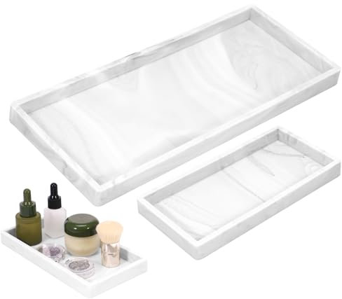 Vassoio da bagno, 2 pezzi per gioielli sul tavolo da toeletta, comodino per sapone, gioielli, profumo, accessori da bagno, rettangolare (30 x 12,5 x 2 cm, 20 x 10 x 2 cm) (bianco)