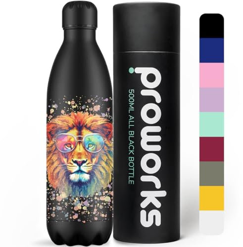 PROWORKS Botellas de Agua Deportivas de Acero Inoxidable Cantimplora Termo, Doble Aislamiento 12 Horas Caliente y 24 Horas Frío 1L - Toda Salpicadura de Pintura Negra - León