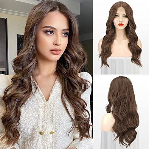 FESHFEN Lange Wellig Perücken Gemischtes Braun, Lace Front Perücke Mittelscheitel Frauen Synthetik Haar Wellen Lang Wig Natürliche Gewellte Braun Perücken für Damen, 65 cm