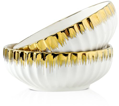 LETAOTAO Serving Bowls, 8 inch Large Salad Bowls, Ceramic Bowl Set of 2 White Bowl with Gold Trim, Kitchen Decorative Bowls Set for Kitchen, Salad, Soup, Pasta and Dinner(60 oz)