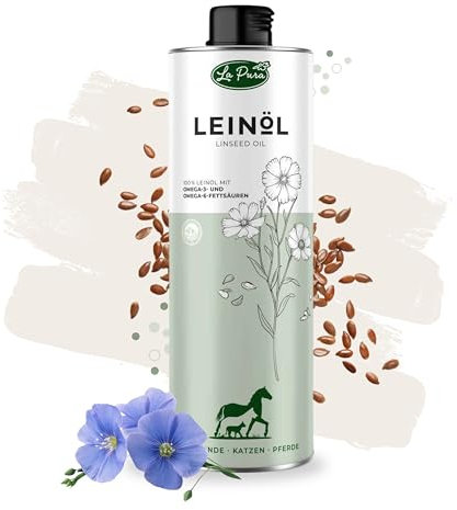 LaPura Olio di lino per cani, gatti e cavalli – olio per mangimi spremuto a freddo con omega-3 e 6, vitamina E, per pelle, pelliccia, digestione, articolazioni, additivo barf, 1 l