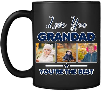 Personalised Photo, Father's Day Gift, Love You Grandad You're The Best, Black Satin Cup, Coffee, Tea Mug.