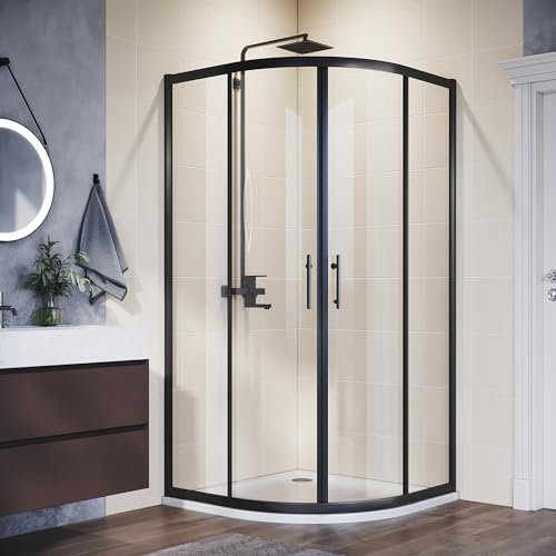 ELEGANT 900 x 900 mm Black Framed Offset Quadrant Shower Enclosure 6mm Tempered Sliding Glass Cubicle Door with Tray + Waste