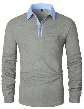 KUNJLELP Men's Long Sleeve Polo Shirt Casual Premium T-Shirt 100% Cotton Golf Casual Collared Tops with Real Pocket,Grey 43,L