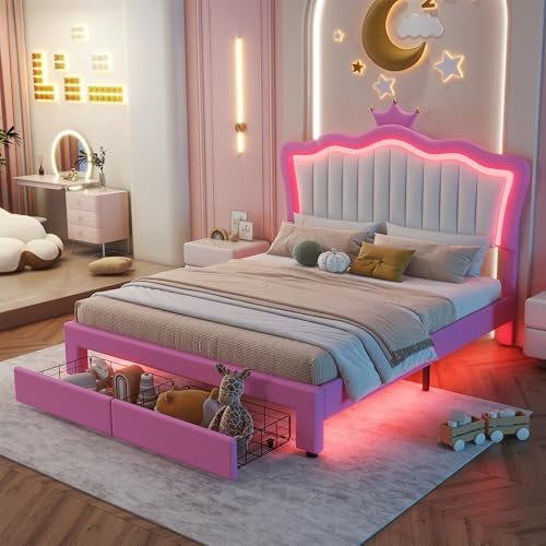 Crown Full Size Princess Bed with Storage Drawers for Girls,Cute Full Size Bed Frame for Kids,Full Upholstered Bed Frame with LED Lights,Girls Bed Full Size,Pink